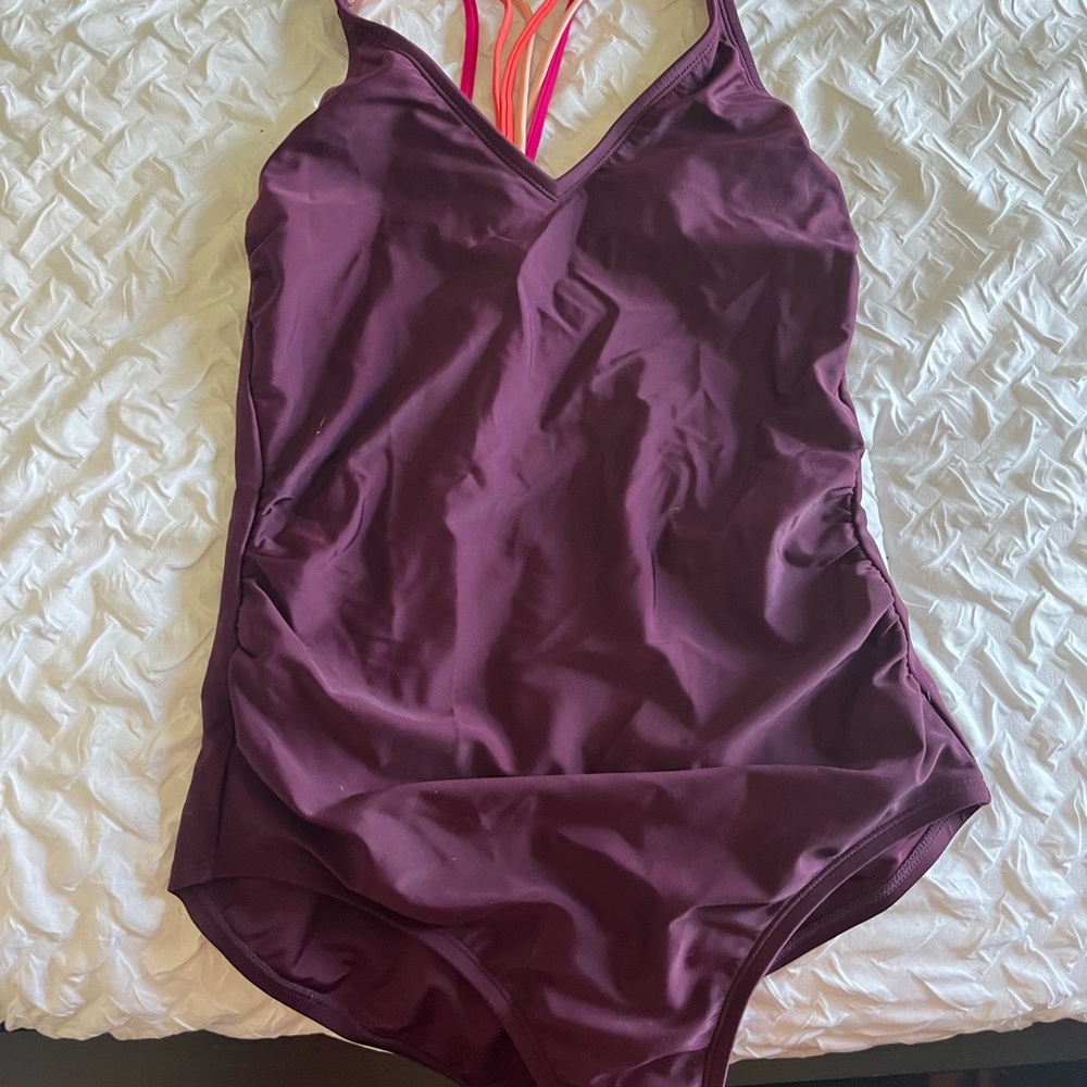 Dark purple bathing suit with 3-pink spaghetti strap
